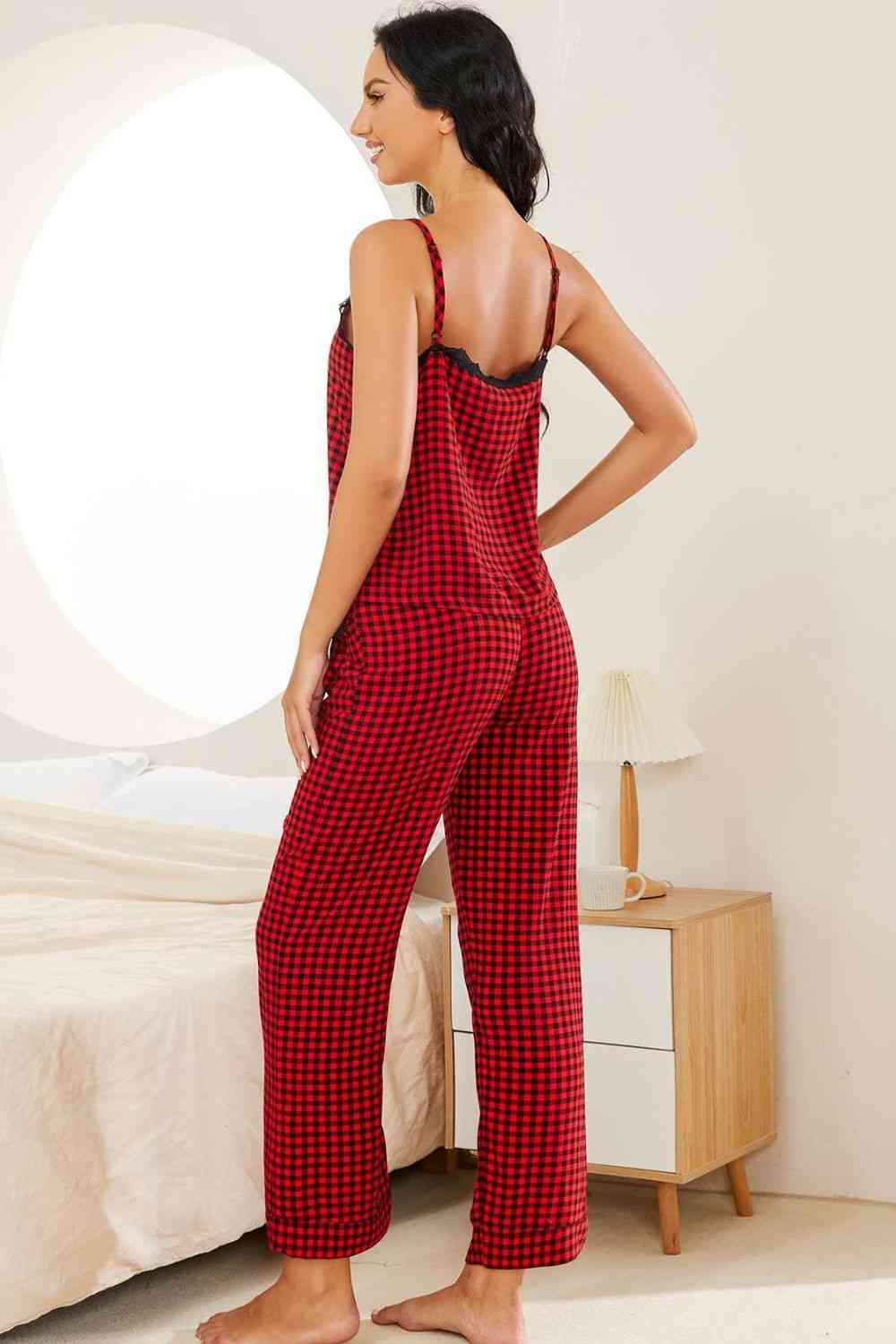 Plaid Lace Trim Cami and Drawstring Pants Pajama Set for a perfect OOTD – dress to impress outfits from Amexza