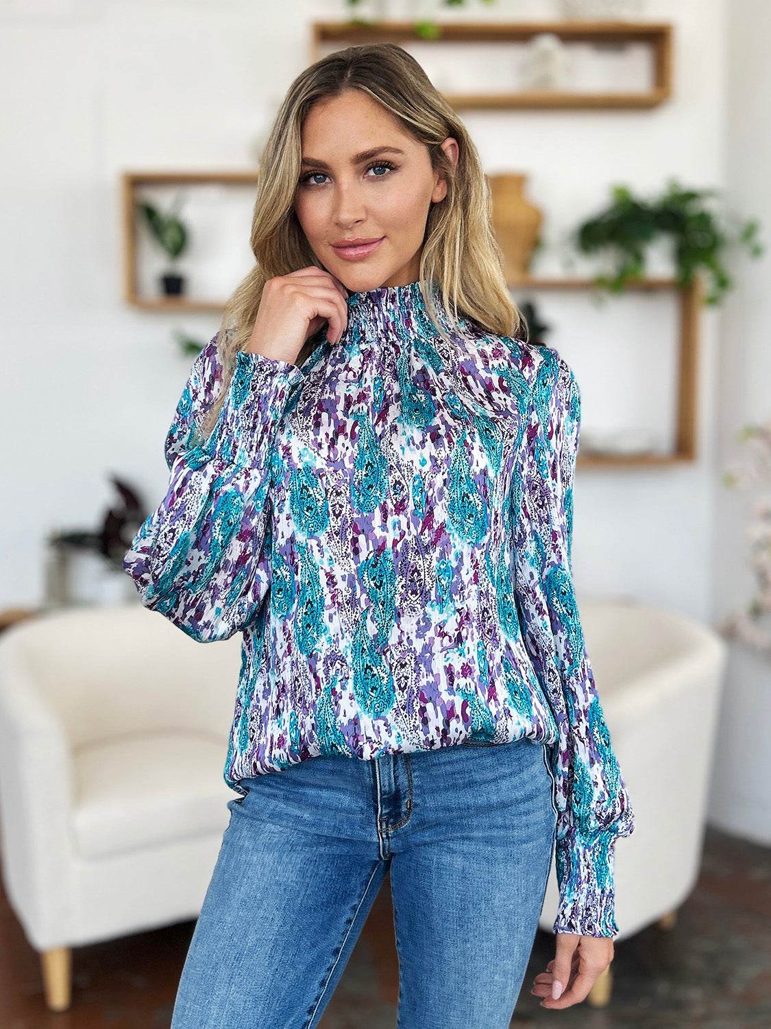 Double Take Full Size Printed Smocked Long Sleeve Blouse for a perfect OOTD – dress to impress outfits from Amexza