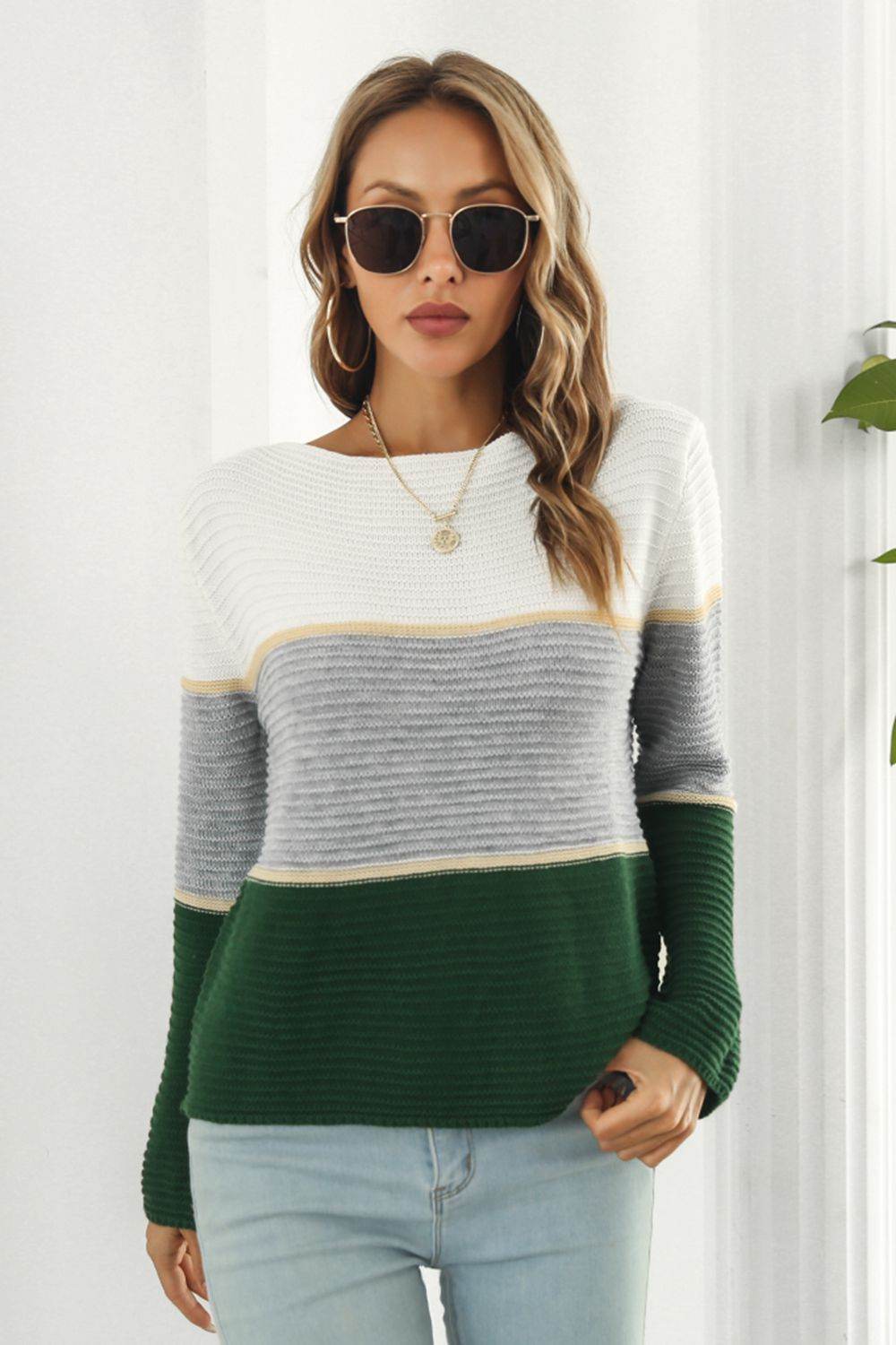 Color Block Horizontal Ribbing Sweater - Amexza