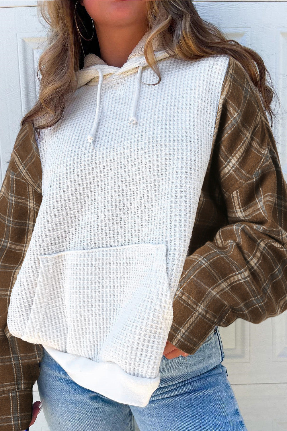 Waffle Knit Plaid Long Sleeve Kangaroo Pocket Hoodie for a perfect OOTD – dress to impress outfits from Amexza