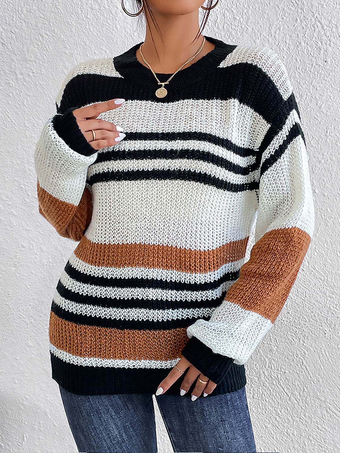 Striped Round Neck Sweater - Amexza