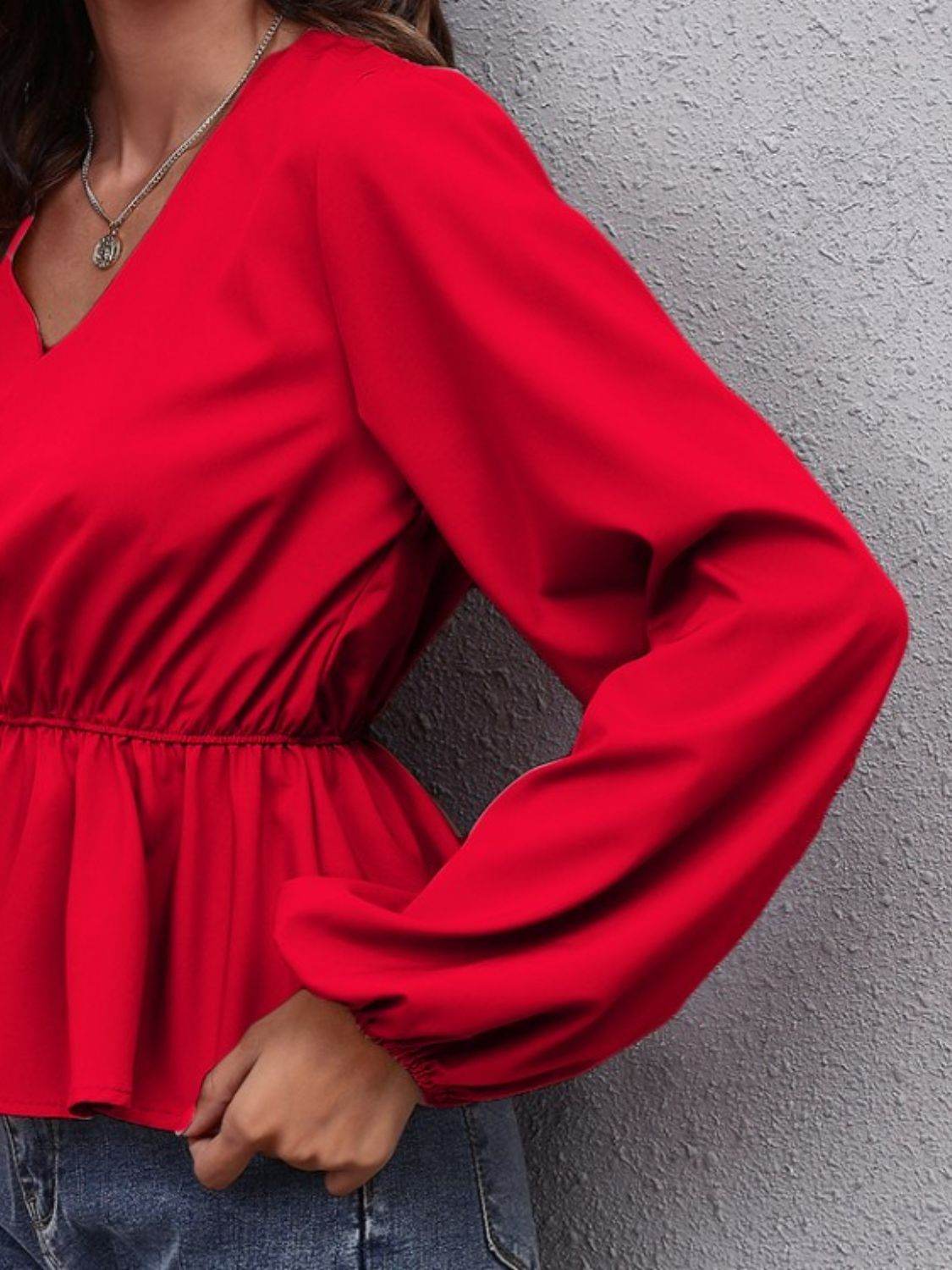 V-Neck Balloon Sleeve Peplum Blouse for a perfect OOTD – dress to impress outfits from Amexza