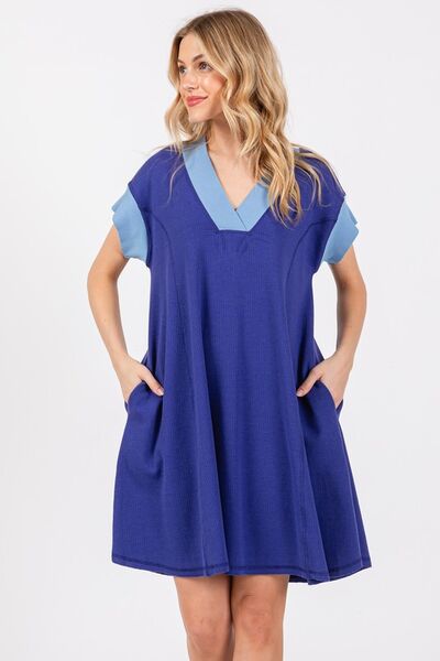 Ces Femme Contrast Trim V-Neck Short Sleeve Dress Dark Blue for a perfect OOTD – dress to impress outfits from Amexza