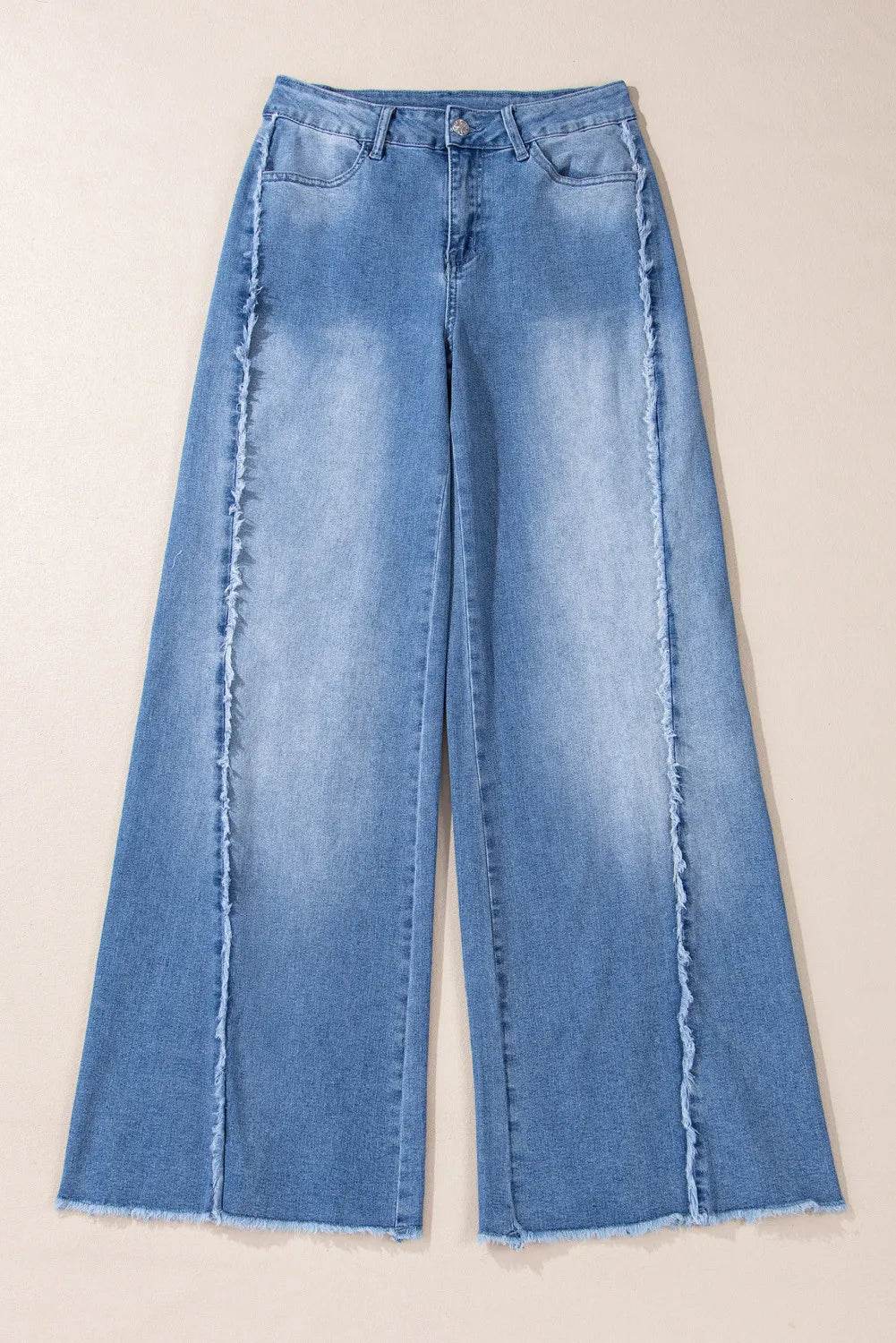 Raw Hem Wide Leg Jeans with Pockets - Amexza