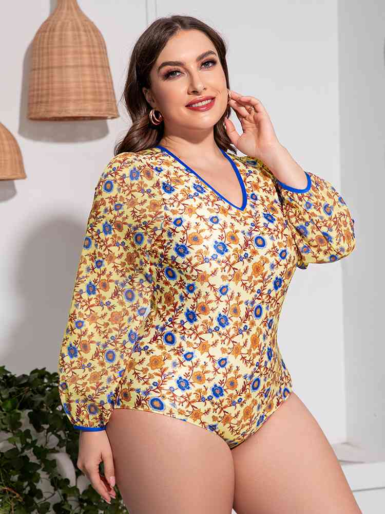 Plus Size Floral Open Back Long Sleeve One-Piece Swimsuit for a perfect OOTD – dress to impress outfits from Amexza