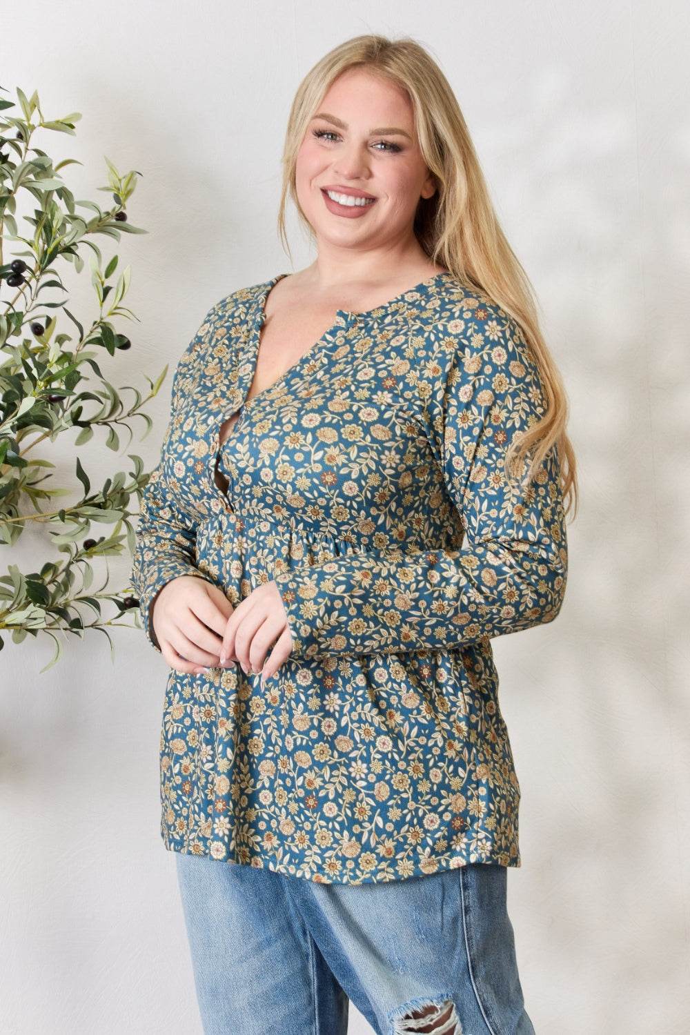 Heimish Full Size Floral Half Button Long Sleeve Blouse - Amexza