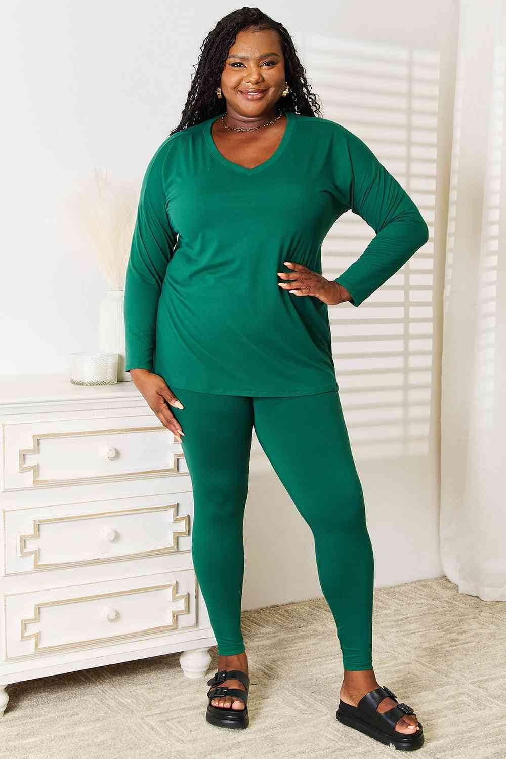 Zenana Lazy Days Full Size Long Sleeve Top and Leggings Set Dark Green for a perfect OOTD – dress to impress outfits from Amexza