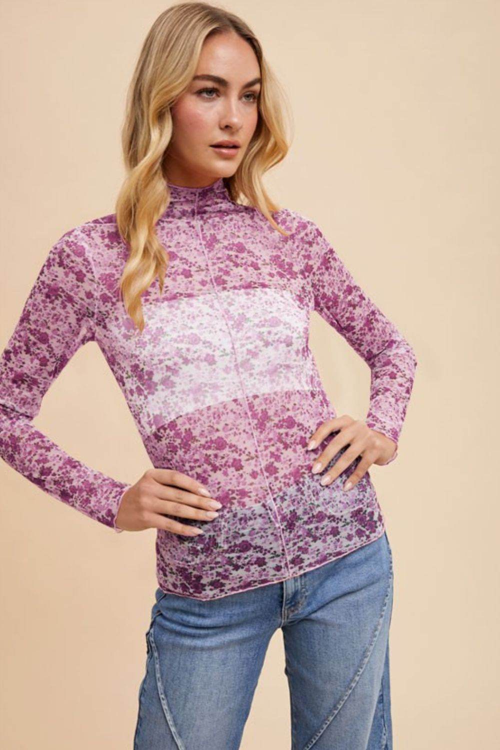 Annie Wear Floral Lettuce Hem Sheer Mesh Top Ivory Purple for a perfect OOTD – dress to impress outfits from Amexza