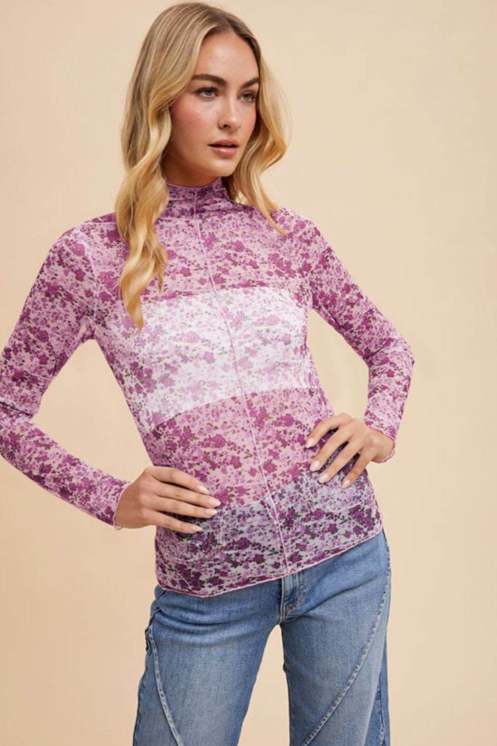Annie Wear Floral Lettuce Hem Sheer Mesh Top - Amexza