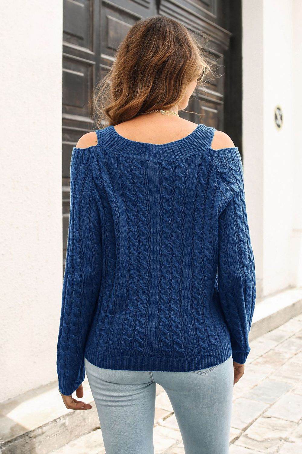 Cold Shoulder V-Neck Cable-Knit Pullover Sweater - Amexza