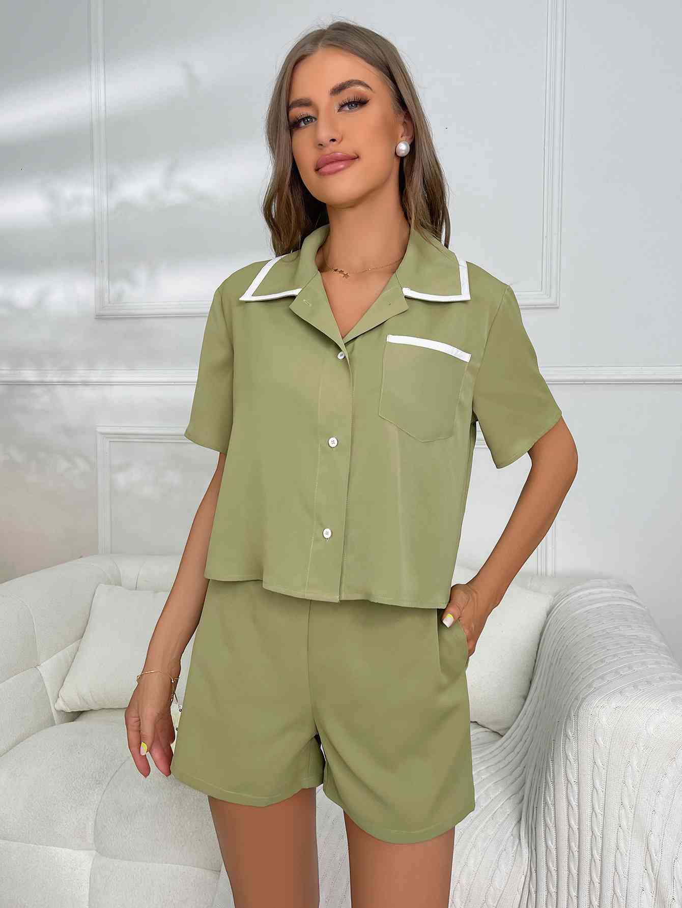 Ivy Lane Short Sleeve Shirt and Shorts Lounge Set for a perfect OOTD – dress to impress outfits from Amexza