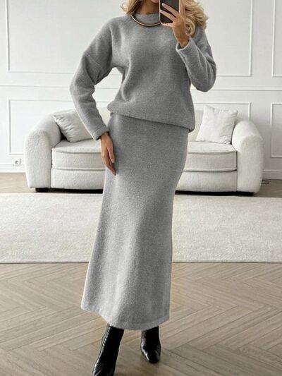 Round Neck Dropped Shoulder Top and Midi Skirt Sweater Set for a perfect OOTD – dress to impress outfits from Amexza