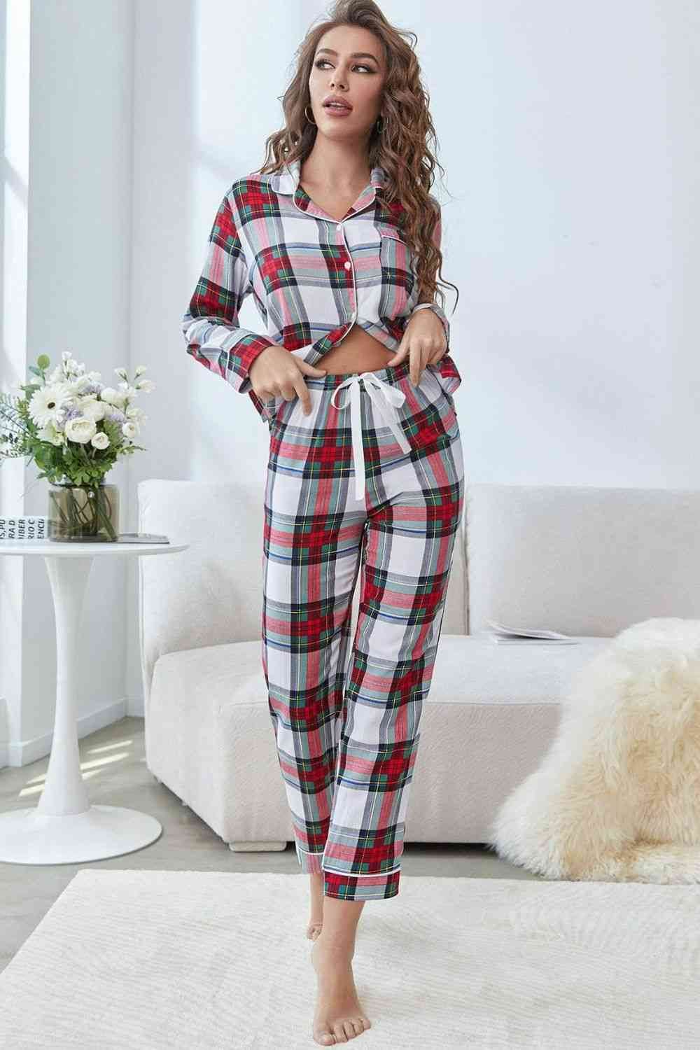 Plaid Button Front Top and Pants Lounge Set - Amexza