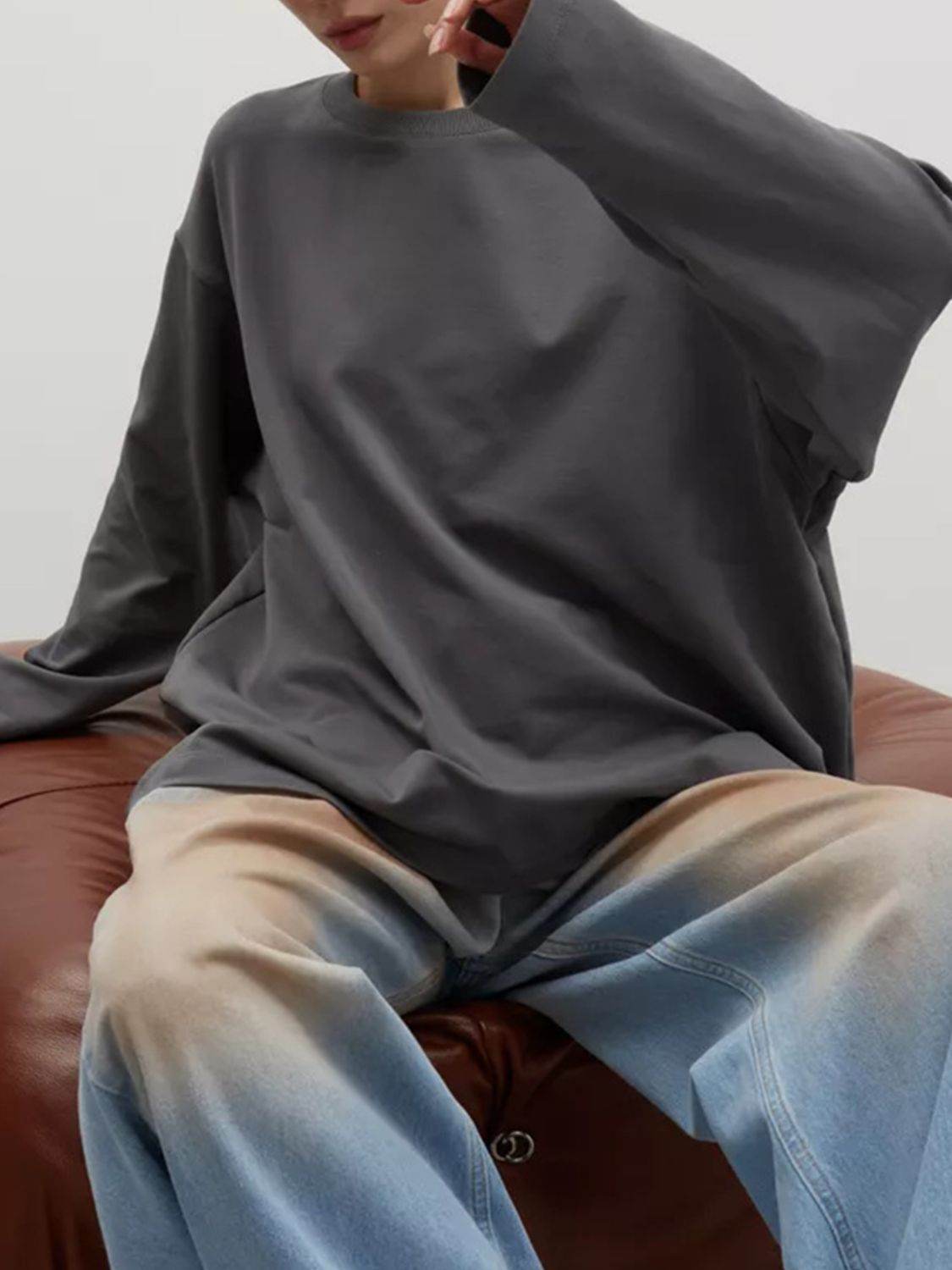 Round Neck Dropped Shoulder Long Sleeve T-Shirt - Amexza