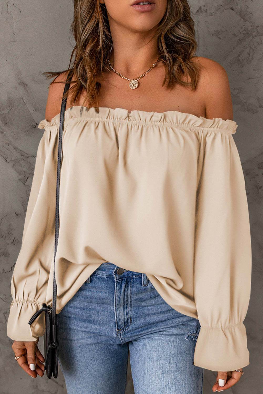 Off-Shoulder Flounce Sleeve Blouse Cream for a perfect OOTD – dress to impress outfits from Amexza