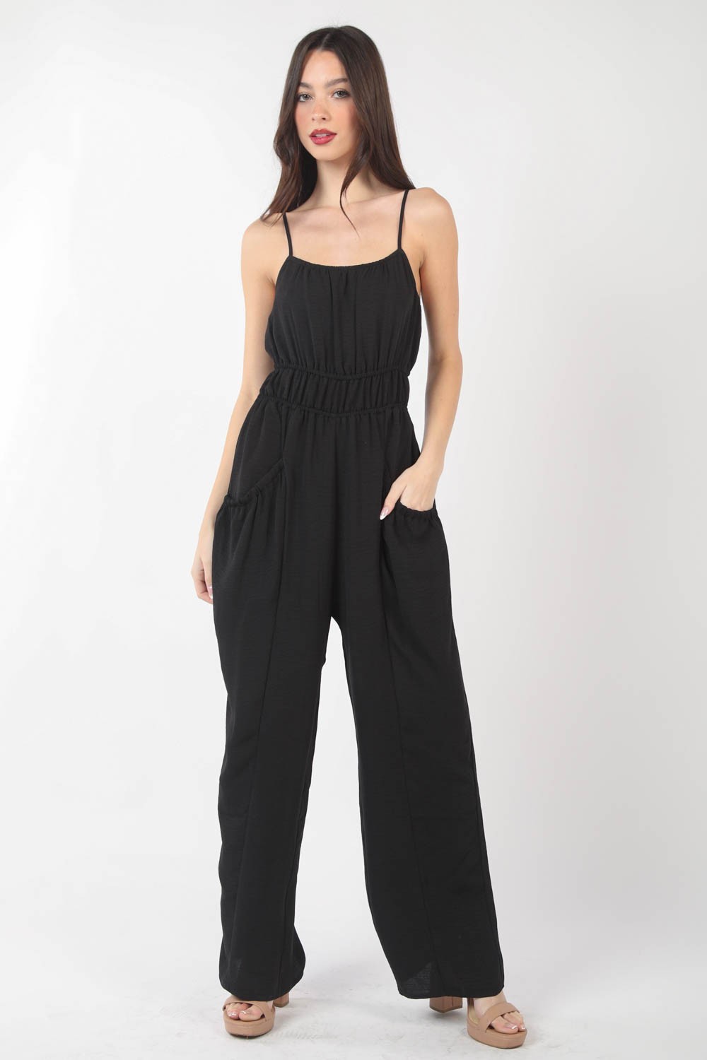 VERY J Pintuck Detail Woven Sleeveless Jumpsuit BLACK for a perfect OOTD – dress to impress outfits from Amexza