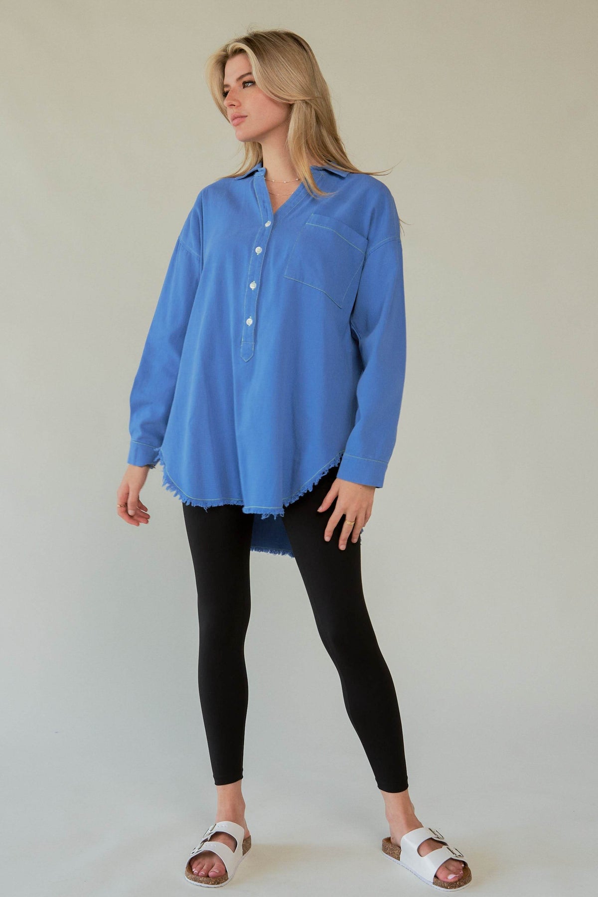 Davi & Dani Letter Back Raw Hem Half Button Shirt - Amexza