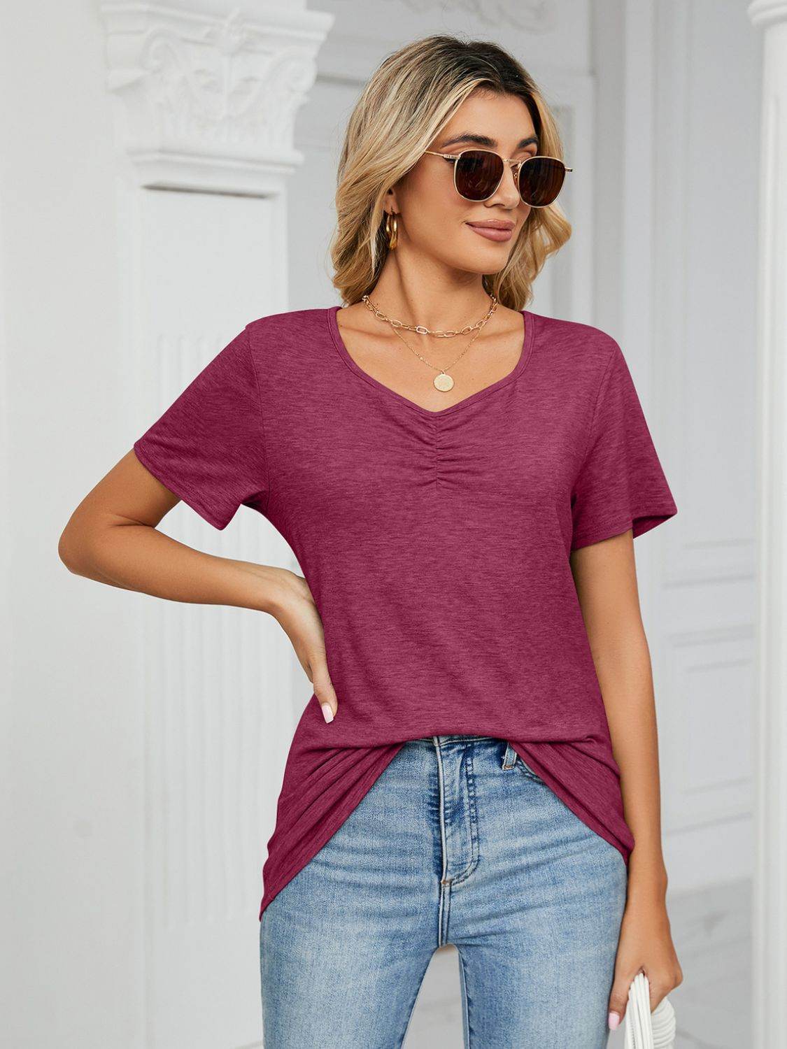 Ruched V-Neck Short Sleeve T-Shirt Deep Purple for a perfect OOTD – dress to impress outfits from Amexza