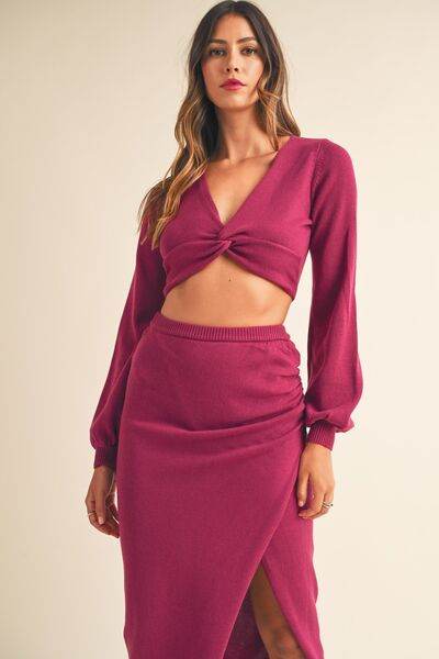 MABLE Front Twisted Knit Top and Midi Skirt Set Magenta for a perfect OOTD – dress to impress outfits from Amexza