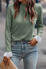 Lace Detail Round Neck Long Sleeve T-Shirt - Amexza