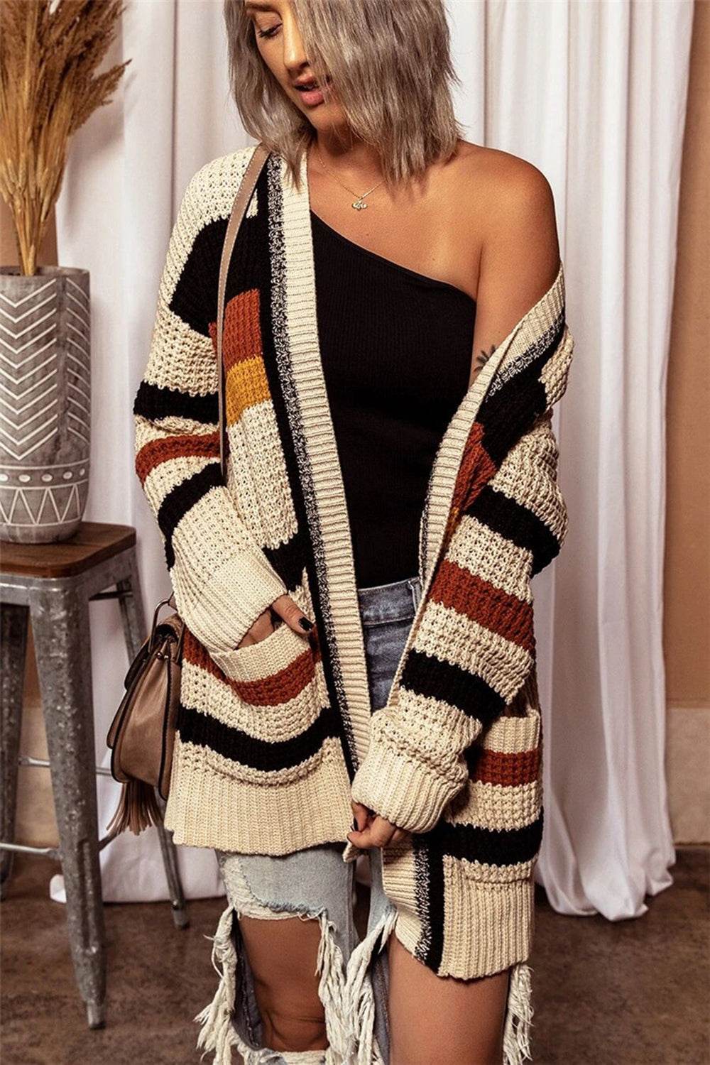 Striped Open Front Longline Cardigan - Amexza