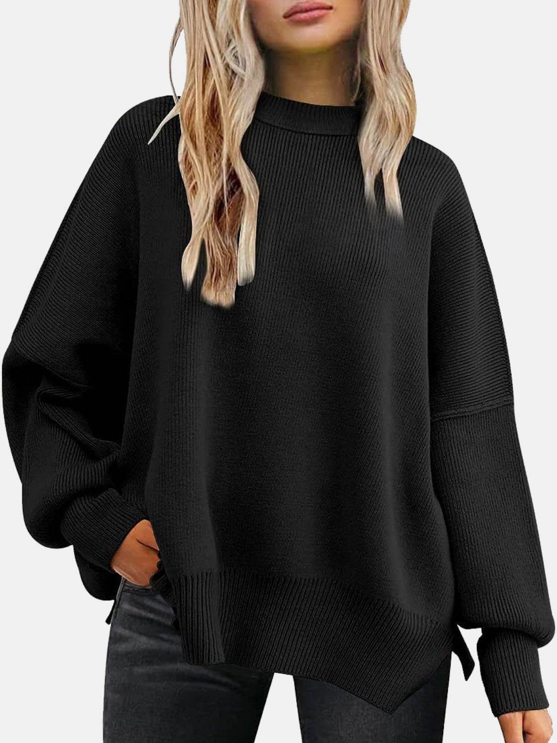 Round Neck Drop Shoulder Slit Sweater Black for a perfect OOTD – dress to impress outfits from Amexza