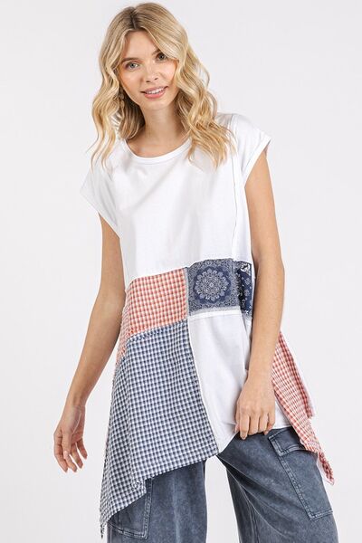 Mittoshop Patchwork Mineral Washed Round Neck Cap Sleeve Top White for a perfect OOTD – dress to impress outfits from Amexza