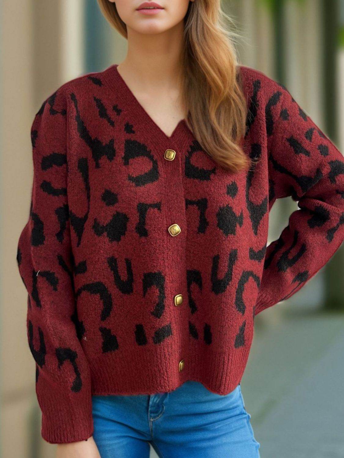 Leopard V-Neck Button Up Cardigan - Amexza