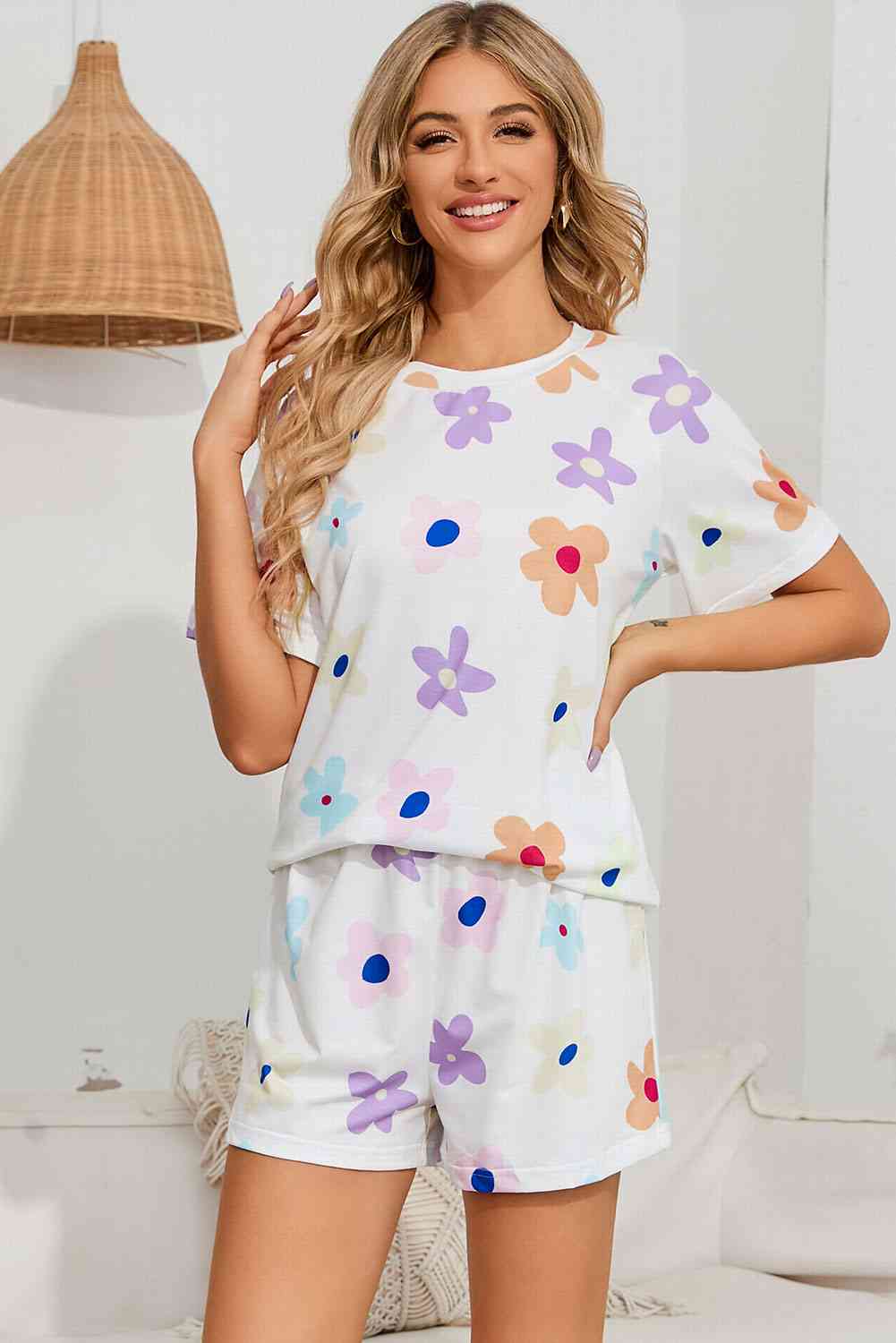 Floral Round Neck Raglan Sleeve Top and Shorts Lounge Set White for a perfect OOTD – dress to impress outfits from Amexza