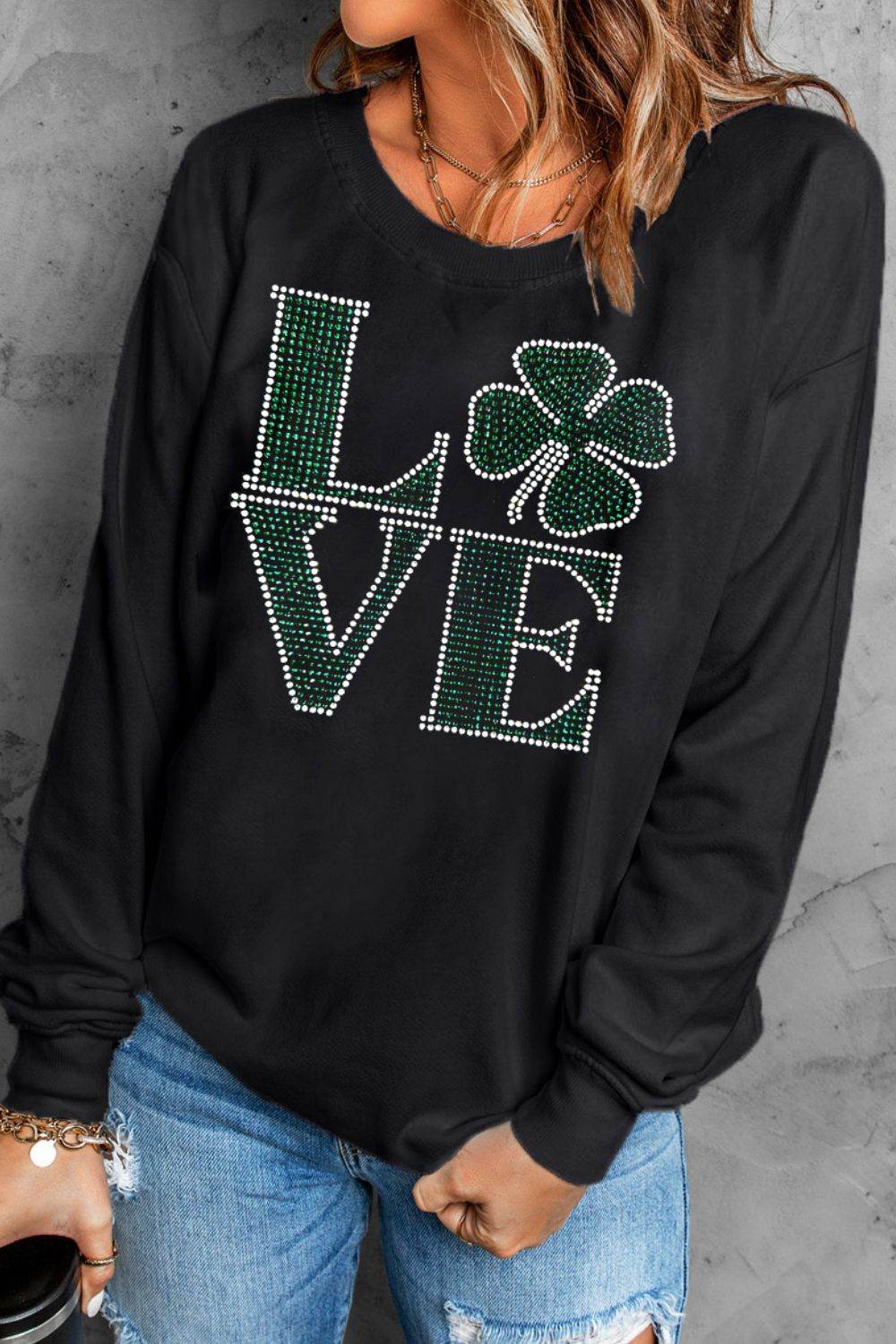 LOVE Rhinestone Clover Round Neck Sweatshirt - Amexza