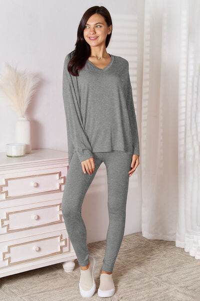 Basic Bae Bamboo Full Size V-Neck Long Sleeve Top and Pants Lounge Set Gray for a perfect OOTD – dress to impress outfits from Amexza