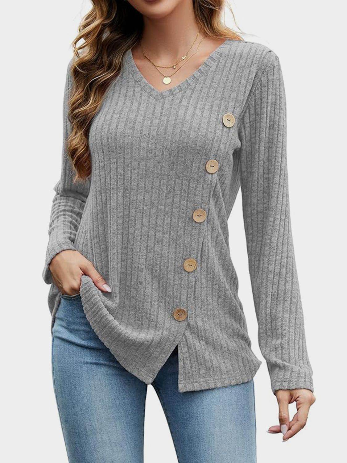 V-Neck Long Sleeve T-Shirt Gray for a perfect OOTD – dress to impress outfits from Amexza