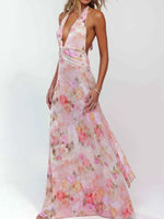 Floral Halter Neck Deep V Maxi Dress
