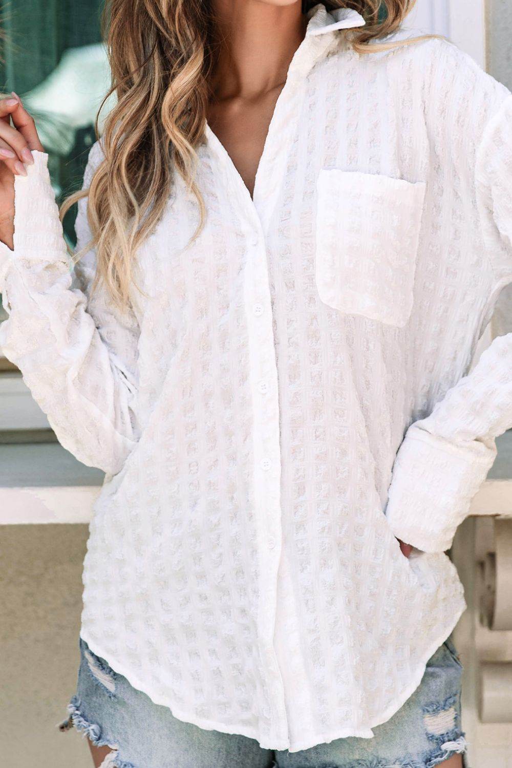 Texture Collared Neck Long Sleeve Shirt White for a perfect OOTD – dress to impress outfits from Amexza