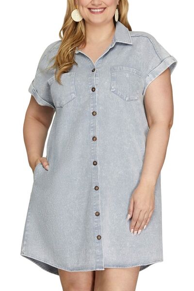 She + Sky Full Size Folded Cuff Button Down Washed Twill Shirt Dress Plus Size for a perfect OOTD – dress to impress outfits from Amexza