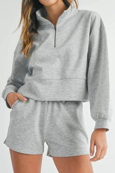 Half Zip Long Sleeve Top and Drawstring Shorts Set - Amexza