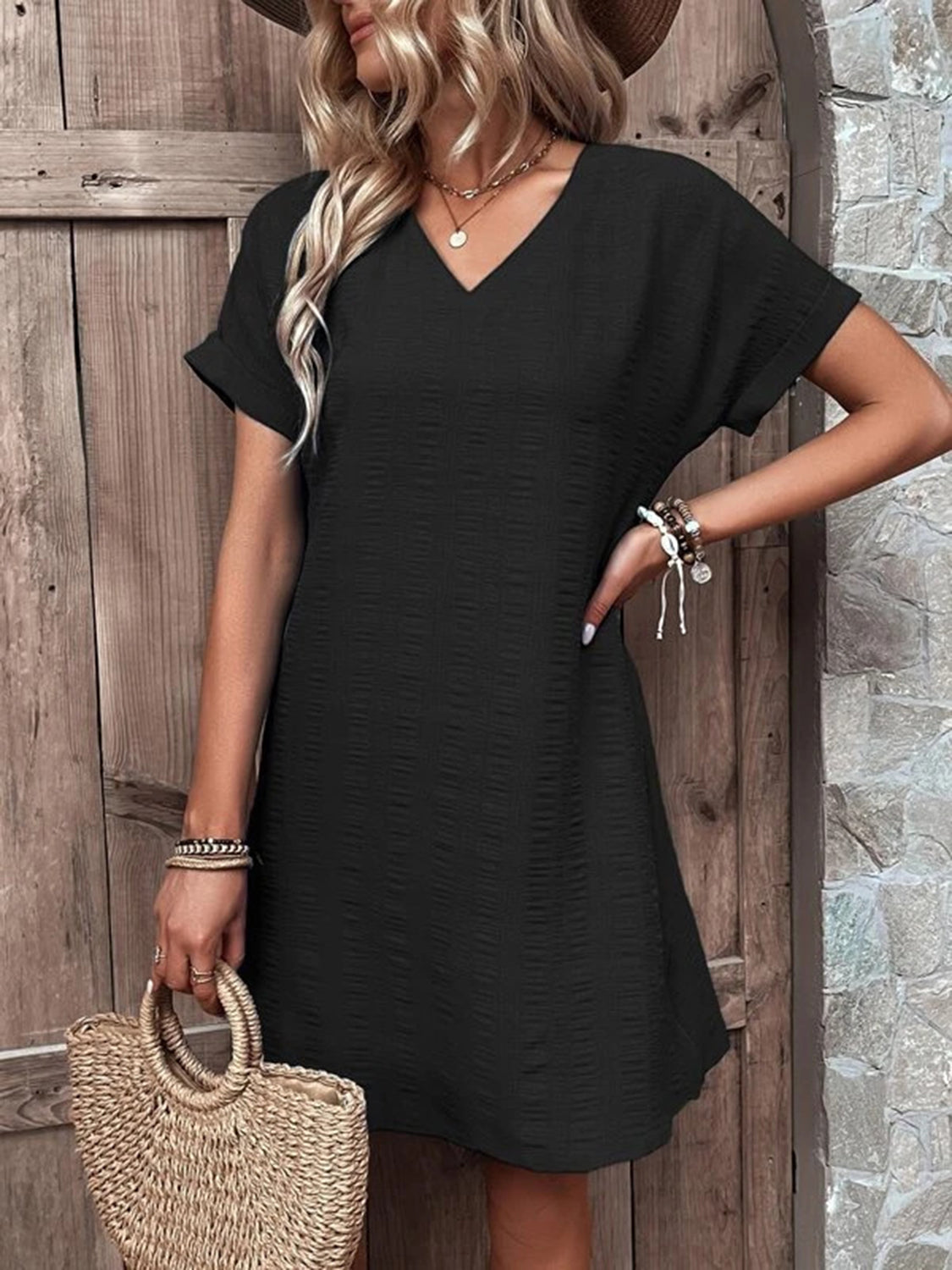 Full Size V-Neck Short Sleeve Mini Dress - Black / S