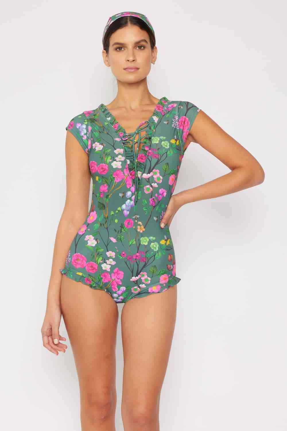 Marina West Swim Bring Me Flowers V-Neck One Piece Swimsuit In Sage for a perfect OOTD – dress to impress outfits from Amexza