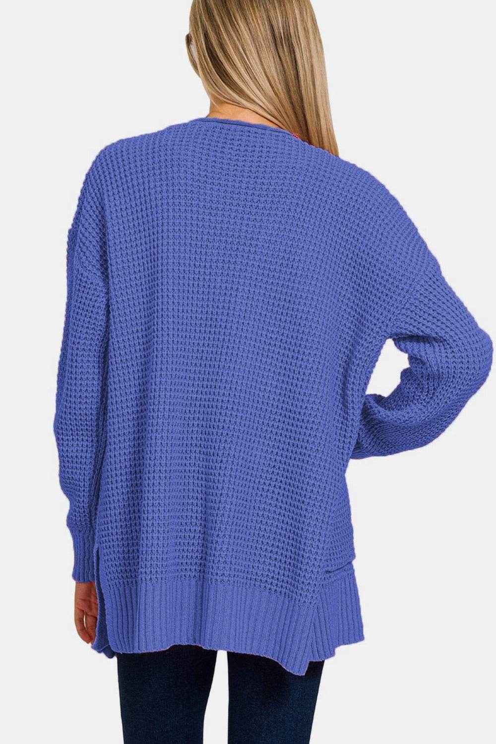 Zenana Waffle Open Front Sweater Cardigan - Amexza