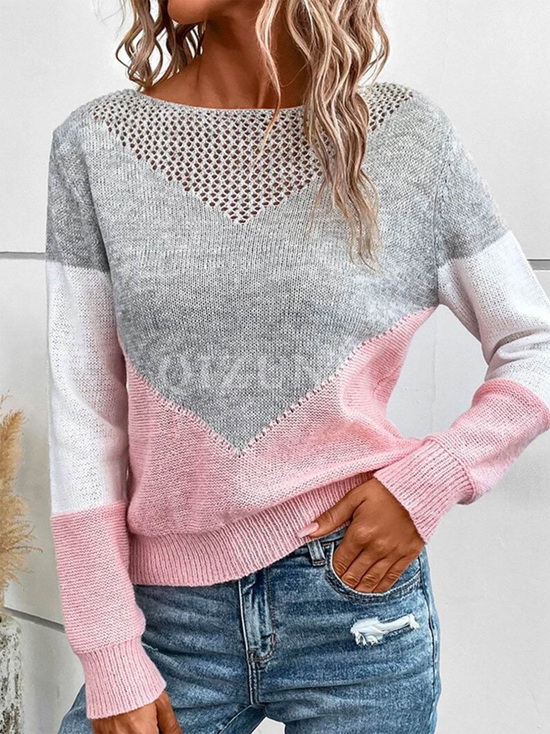 Openwork Contrast Round Neck Long Sleeve Knit Top Pink Gray for a perfect OOTD – dress to impress outfits from Amexza