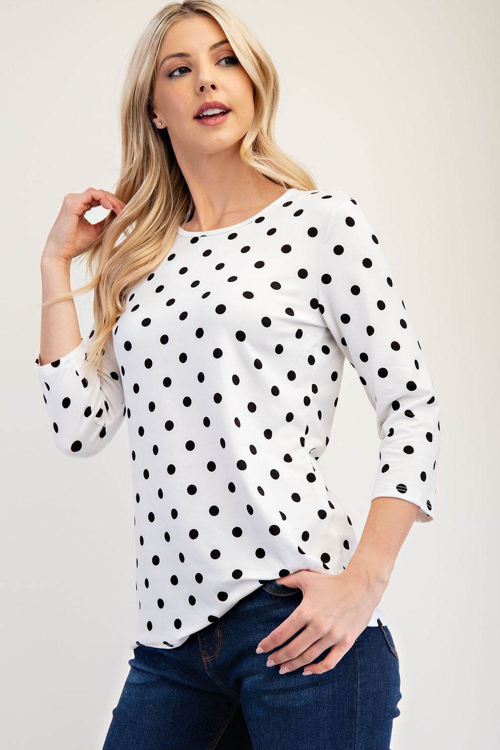 Celeste Full Size Polka Dot Round Neck Three-Quarter Sleeve T-Shirt Ivory Polka for a perfect OOTD – dress to impress outfits from Amexza