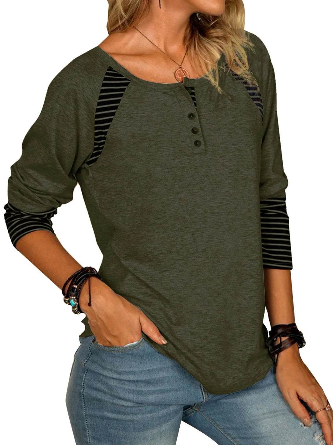 Full Size Striped Quarter Button Long Sleeve T-Shirt - Amexza