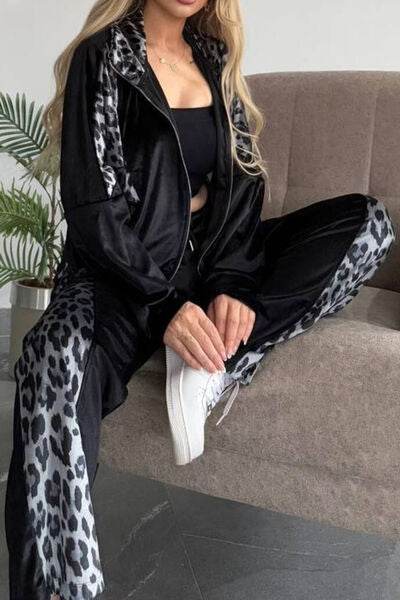 Full Size Collared Neck Leopard Zip Up Top and Pants Set Plus Size for a perfect OOTD – dress to impress outfits from Amexza