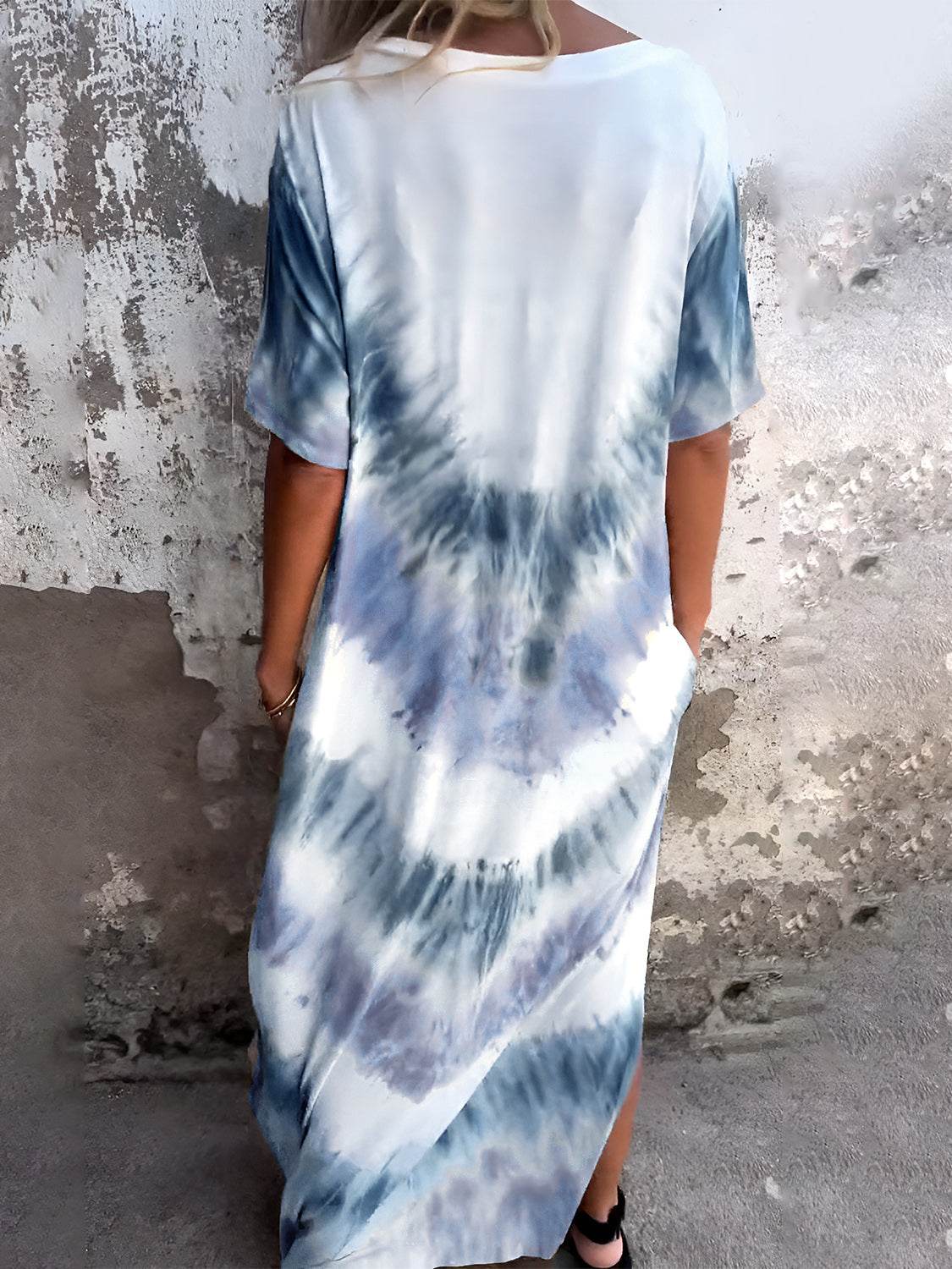 Full Size Pocketed Tie-Dye Short Sleeve Dress - Amexza