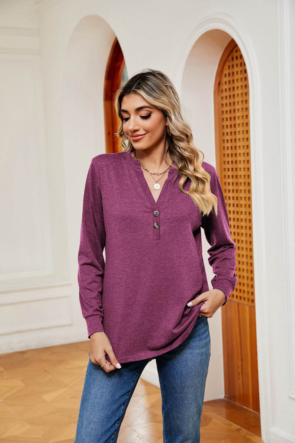 Buttoned Notched Neck Long Sleeve Top for a perfect OOTD – dress to impress outfits from Amexza