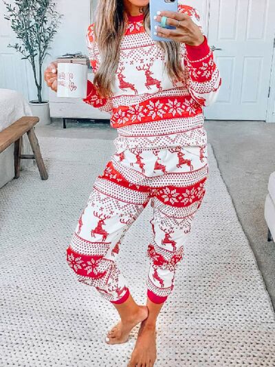 Full Size Christmas Element Round Neck Top and Pants Set Orange-Red for a perfect OOTD – dress to impress outfits from Amexza