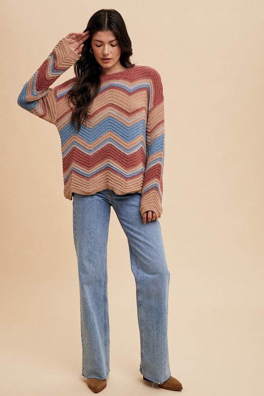 Annie Wear Multi Color Zig-Zag Round Neck Sweater for a perfect OOTD – dress to impress outfits from Amexza