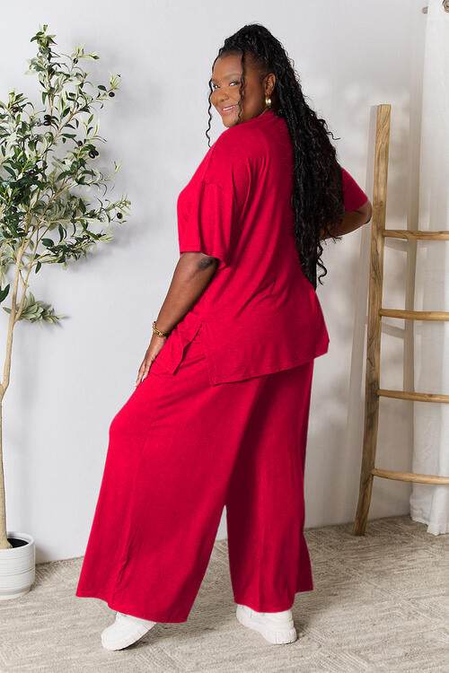 Double Take Full Size Round Neck Slit Top and Pants Set for a perfect OOTD – dress to impress outfits from Amexza