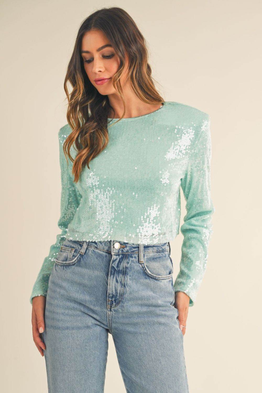 MABLE Shoulder Padded Sequin Crop Top Mint for a perfect OOTD – dress to impress outfits from Amexza