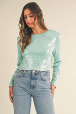 MABLE Shoulder Padded Sequin Crop Top - Amexza